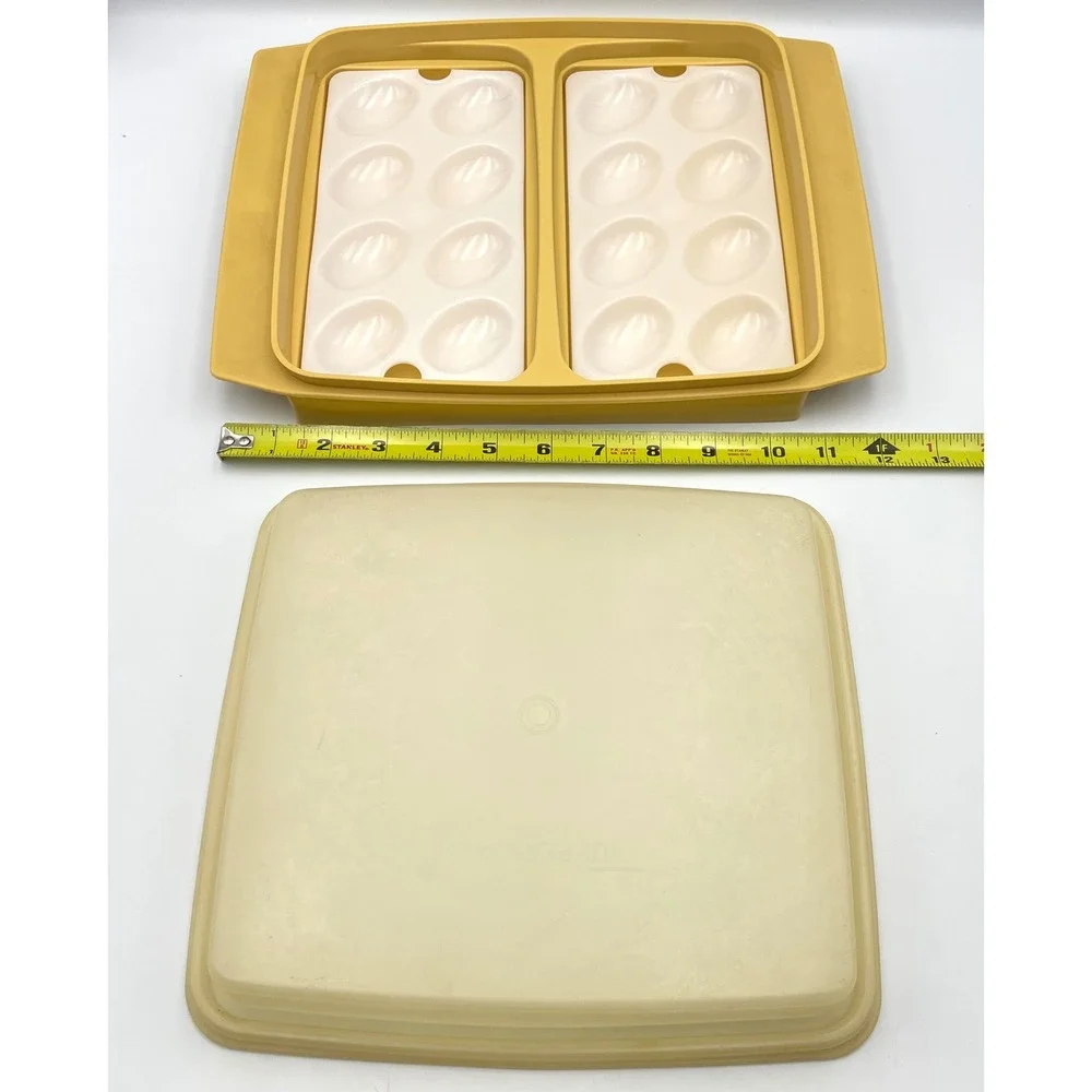 Vintage 1970s Tupperware 723-1 Deviled Egg Keeper Carrier Set of 2 Harvest Gold